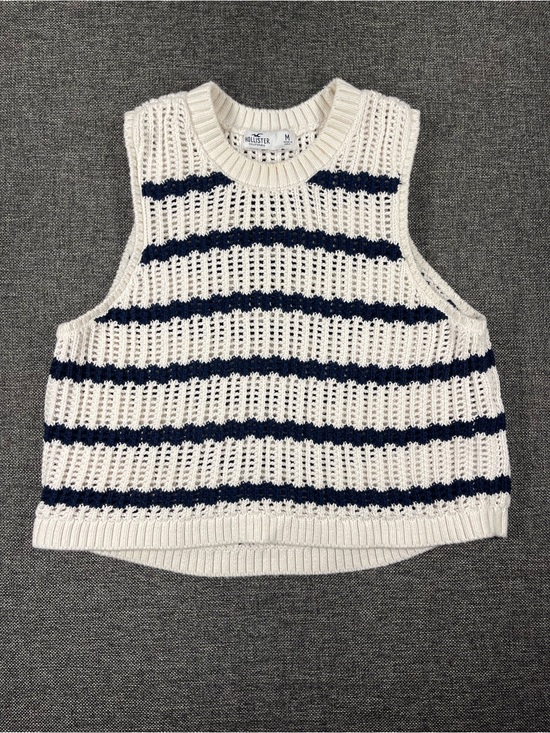 Hollister Sweaters - Hollister Cream and Navy Striped Crochet Knit Sleeveless Sweater Vest